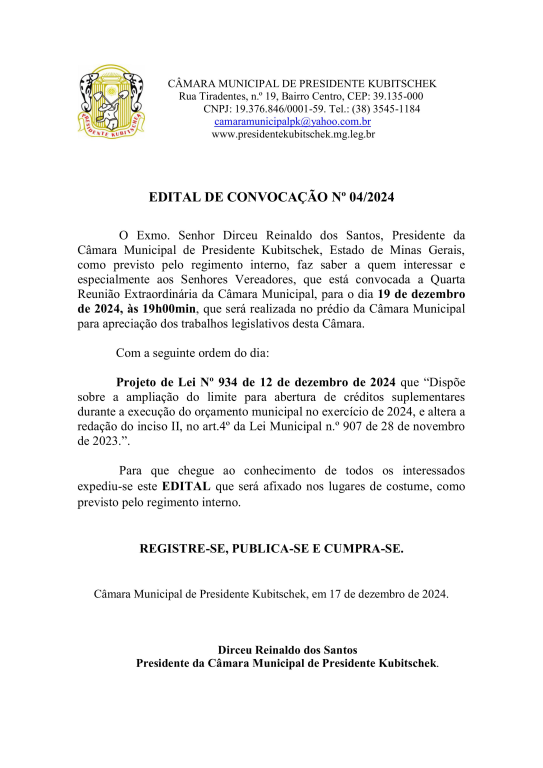 QUARTA REUNIÃO EXTRAORDINÁRIA DA CÂMARA MUNICIPAL EM 19 DE DEZEMBRO PARA O ANO DE 2024