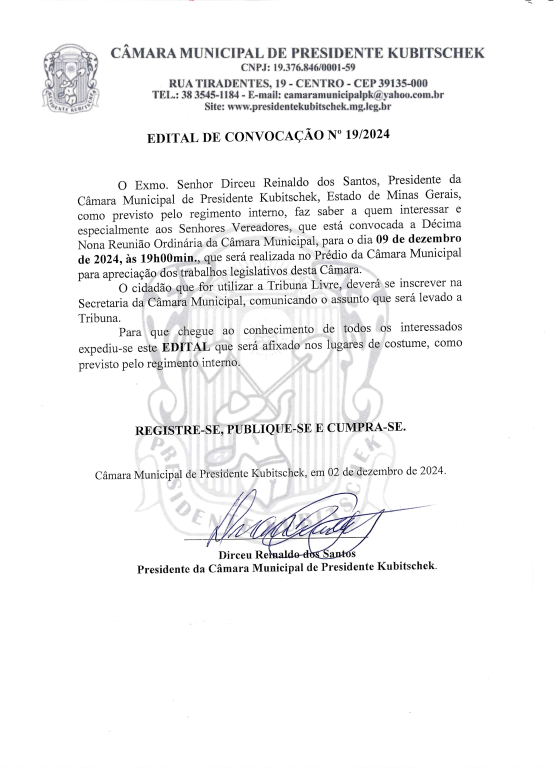 DÉCIMA NONA REUNIÃO ORDINÁRIA DA CÂMARA MUNICIPAL EM 09 DE DEZEMBRO PARA O ANO DE 2024